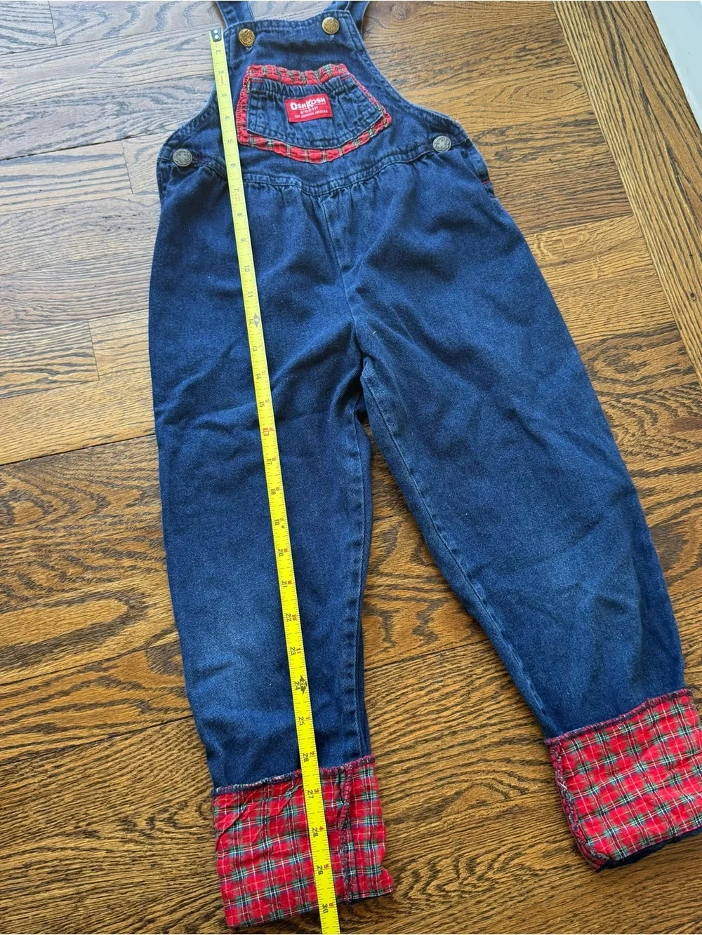 OshKosh B'gosh Vintage 90s Blue Denim Overalls with Red Plaid Accents